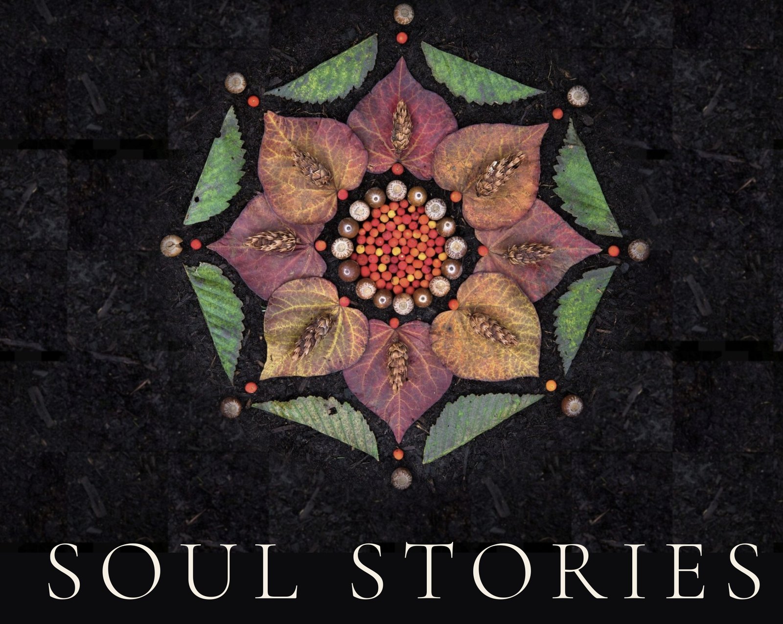 Soul Stories — a mandala of autumn leaves, seeds, and berries arranged on dark earth